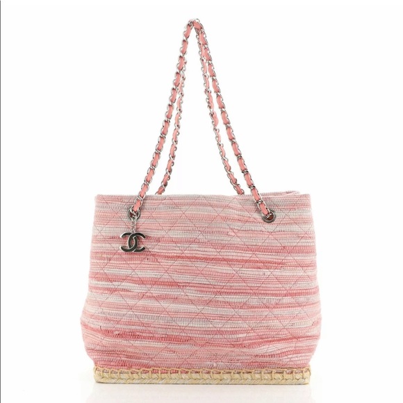 Chanel Pink Raffia Tweed Tote Bag Medium